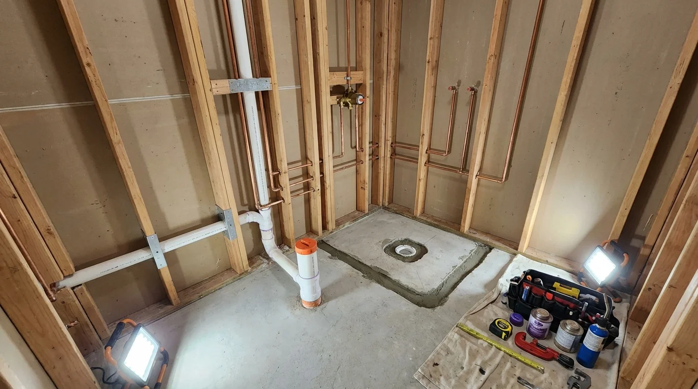 Bathroom rough-in plumbing during remodel by Johns Plumbing LLC in Essex Fells