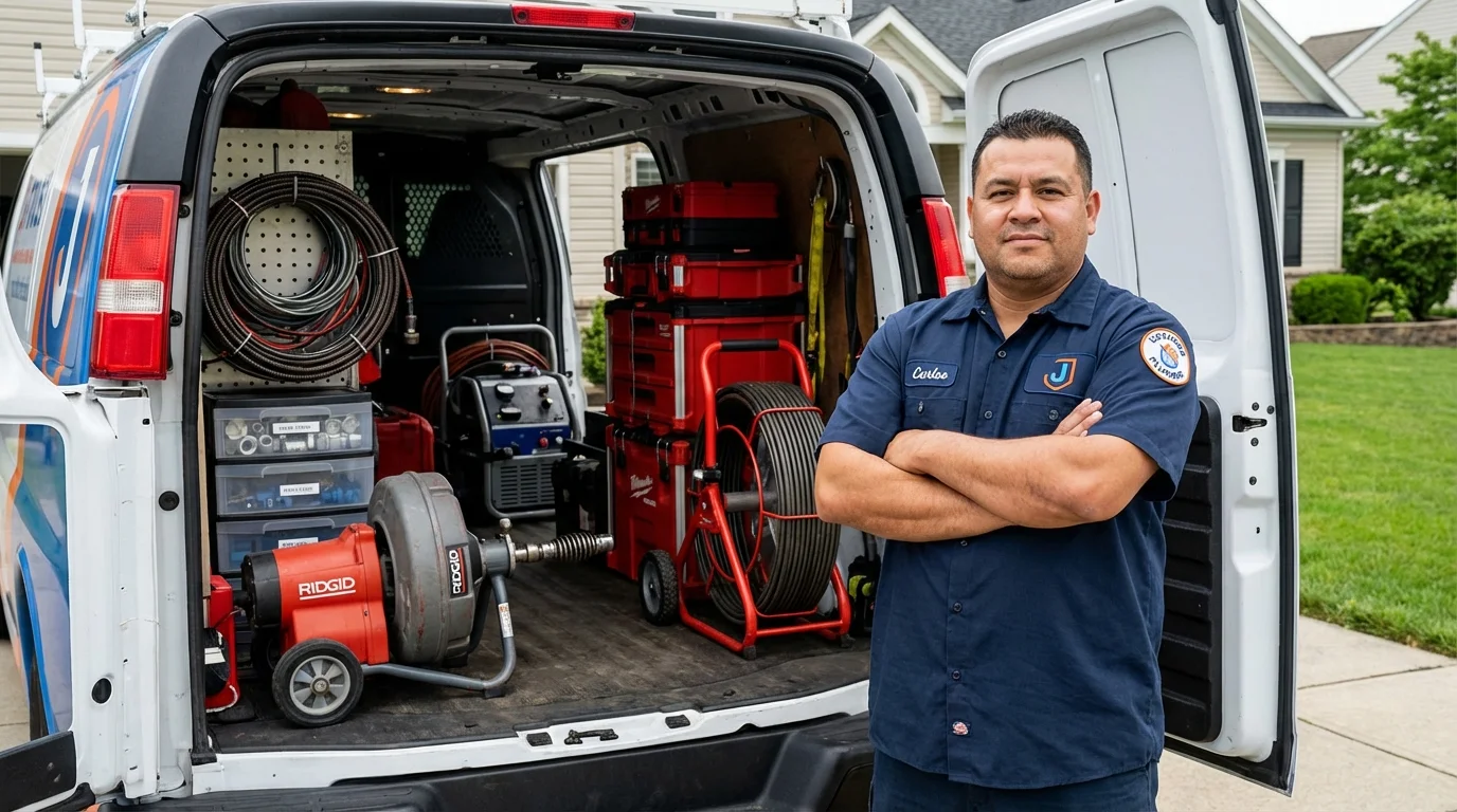 Professional drain cleaning equipment and Johns Plumbing LLC plumber in Essex Fells