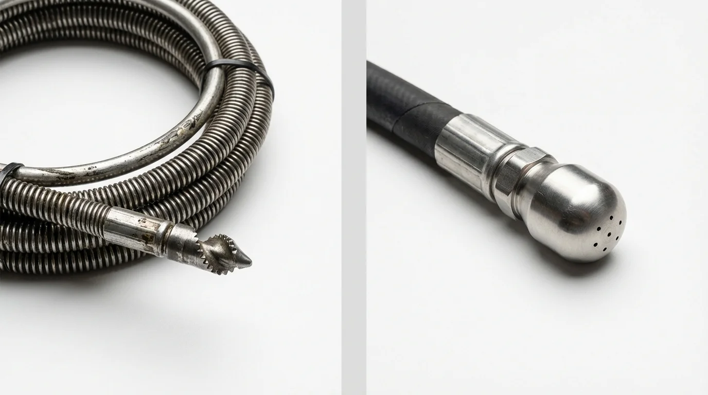 Drain snake cable and hydro jetting nozzle used for drain cleaning in Essex Fells, NJ