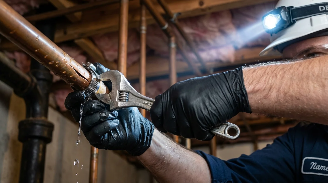 Emergency pipe clamp repair being performed by a Johns Plumbing LLC plumber in Essex Fells