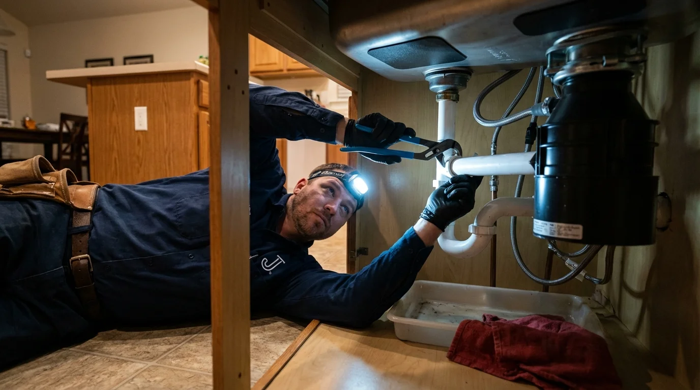 P-trap and supply line connections under a kitchen sink showing a common leak point in Essex Fells, NJ